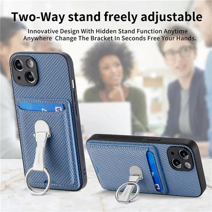 C1-9 For iPhone 14 Kickstand Case Carbon Fiber Texture PU+TPU+PC Phone Cover