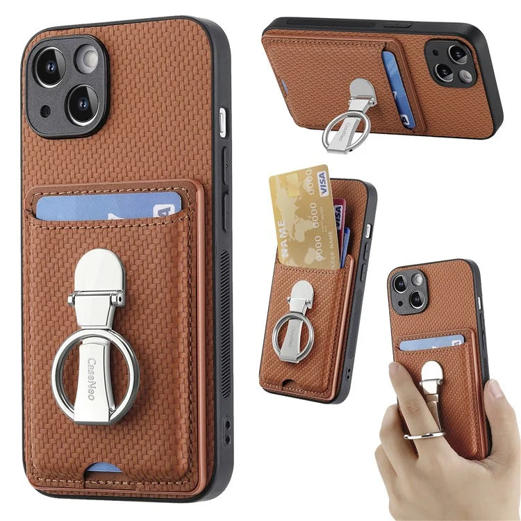 C1-9 For iPhone 14 Kickstand Case Carbon Fiber Texture PU+TPU+PC Phone Cover