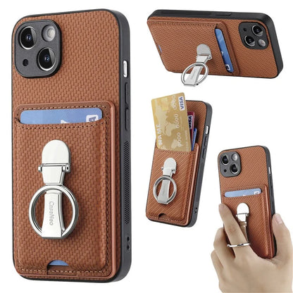 C1-9 For iPhone 14 Kickstand Case Carbon Fiber Texture PU+TPU+PC Phone Cover
