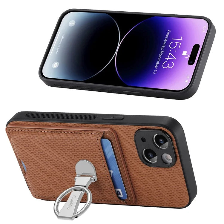 C1-9 For iPhone 14 Kickstand Case Carbon Fiber Texture PU+TPU+PC Phone Cover