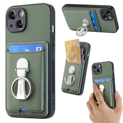 C1-9 For iPhone 14 Kickstand Case Carbon Fiber Texture PU+TPU+PC Phone Cover