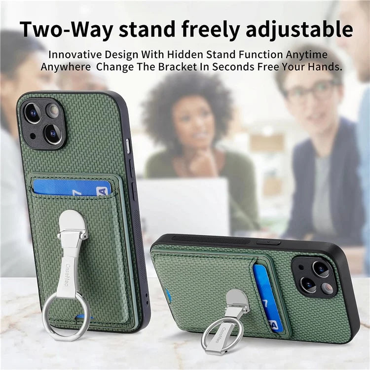 C1-9 For iPhone 14 Kickstand Case Carbon Fiber Texture PU+TPU+PC Phone Cover