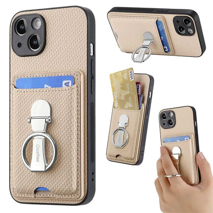 C1-9 For iPhone 14 Kickstand Case Carbon Fiber Texture PU+TPU+PC Phone Cover