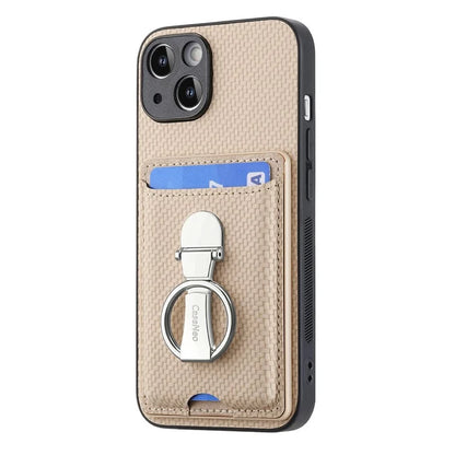 C1-9 For iPhone 14 Kickstand Case Carbon Fiber Texture PU+TPU+PC Phone Cover