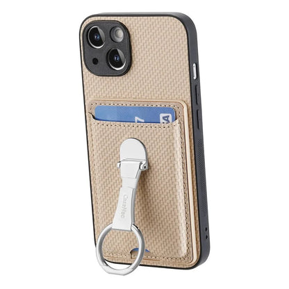 C1-9 For iPhone 14 Kickstand Case Carbon Fiber Texture PU+TPU+PC Phone Cover