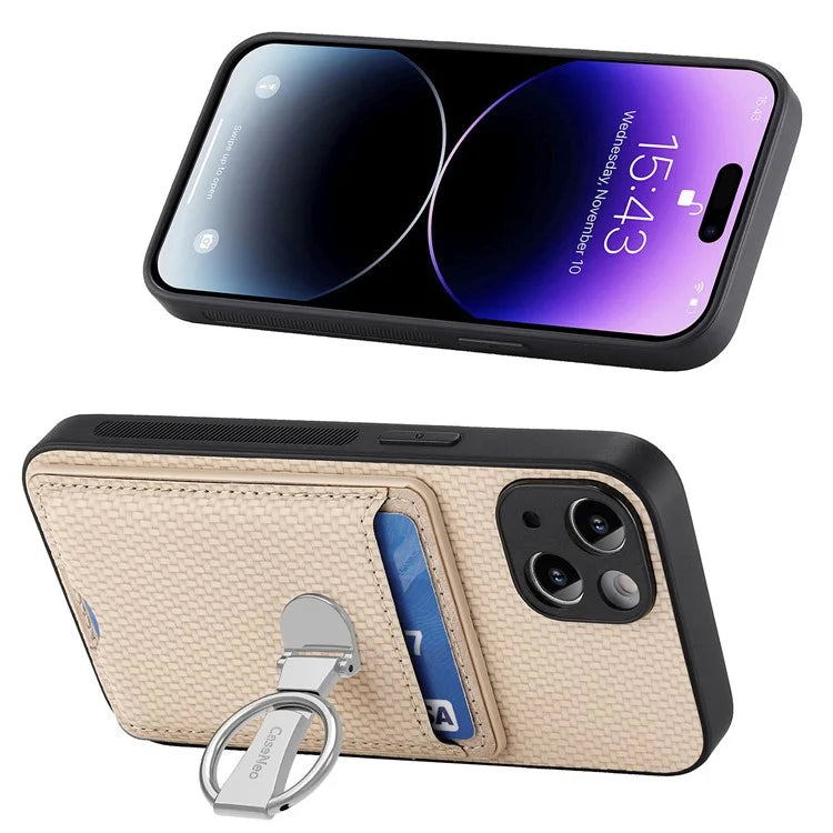 C1-9 For iPhone 14 Kickstand Case Carbon Fiber Texture PU+TPU+PC Phone Cover
