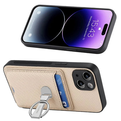 C1-9 For iPhone 14 Kickstand Case Carbon Fiber Texture PU+TPU+PC Phone Cover