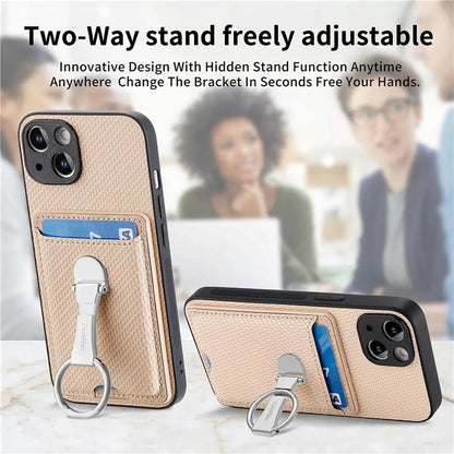 C1-9 For iPhone 14 Kickstand Case Carbon Fiber Texture PU+TPU+PC Phone Cover