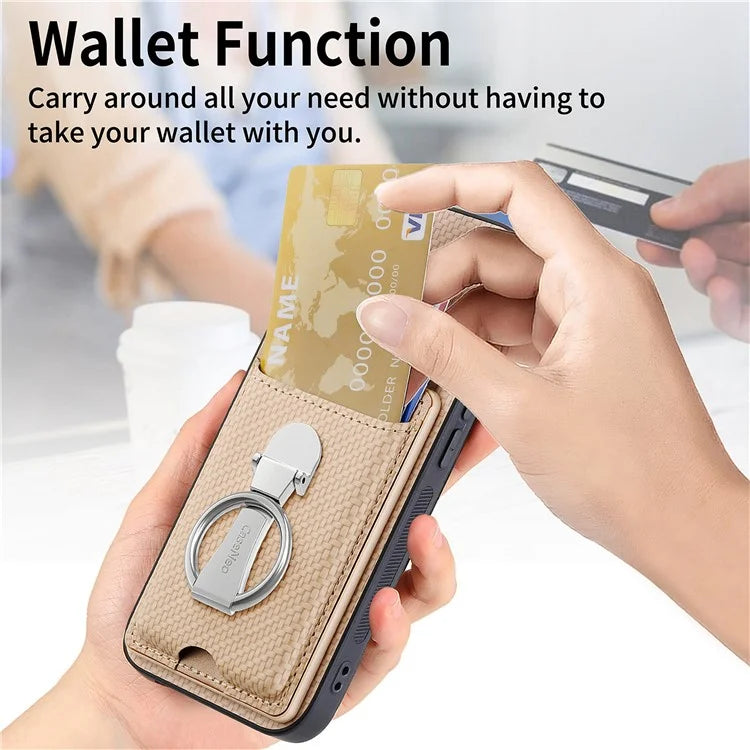 C1-9 For iPhone 14 Kickstand Case Carbon Fiber Texture PU+TPU+PC Phone Cover