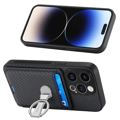 C1-9 for iPhone 14 Pro Phone Card Case Carbon Fiber Texture Leather+TPU+PC Kickstand Cover