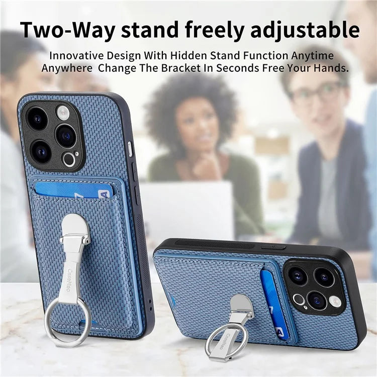 C1-9 for iPhone 14 Pro Phone Card Case Carbon Fiber Texture Leather+TPU+PC Kickstand Cover