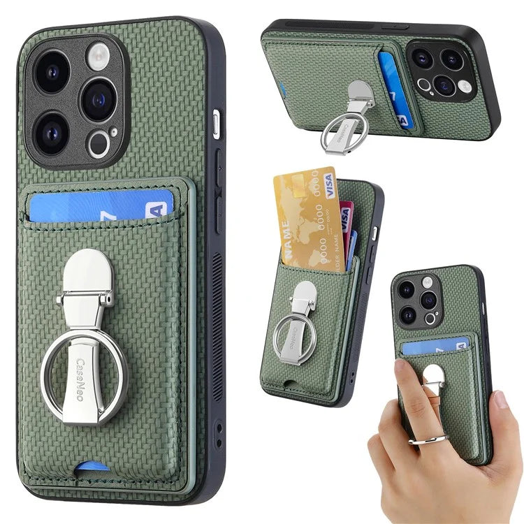 C1-9 for iPhone 14 Pro Phone Card Case Carbon Fiber Texture Leather+TPU+PC Kickstand Cover