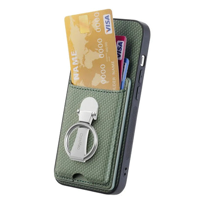 C1-9 for iPhone 14 Pro Phone Card Case Carbon Fiber Texture Leather+TPU+PC Kickstand Cover