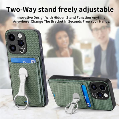 C1-9 for iPhone 14 Pro Phone Card Case Carbon Fiber Texture Leather+TPU+PC Kickstand Cover