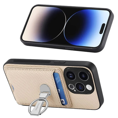 C1-9 for iPhone 14 Pro Phone Card Case Carbon Fiber Texture Leather+TPU+PC Kickstand Cover