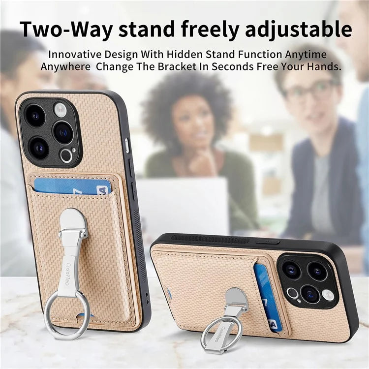 C1-9 for iPhone 14 Pro Phone Card Case Carbon Fiber Texture Leather+TPU+PC Kickstand Cover