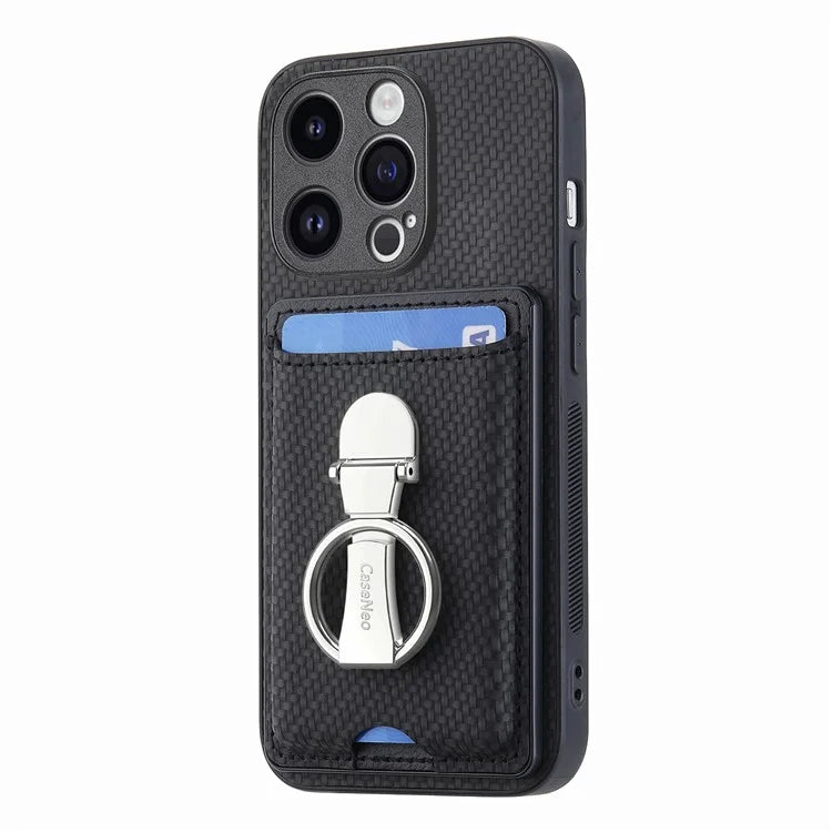 C1-9 For iPhone 14 Pro Max Case Carbon Fiber Texture Kickstand Phone Cover with Card Slots