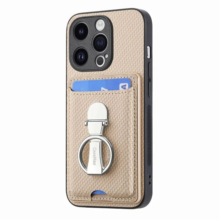 C1-9 For iPhone 14 Pro Max Case Carbon Fiber Texture Kickstand Phone Cover with Card Slots