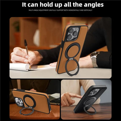 For iPhone 15 Pro Max Leather+PC+TPU Cover Rotating Magnetic Ring Kickstand Phone Case