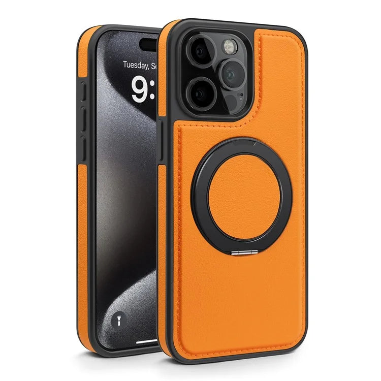 For iPhone 15 Pro Max Leather+PC+TPU Cover Rotating Magnetic Ring Kickstand Phone Case