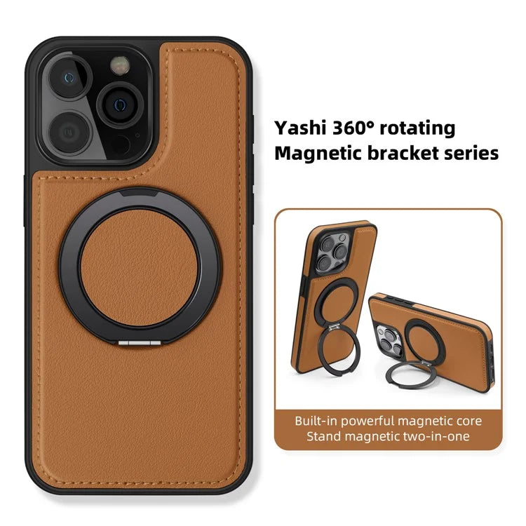 For iPhone 15 Pro Max Leather+PC+TPU Cover Rotating Magnetic Ring Kickstand Phone Case