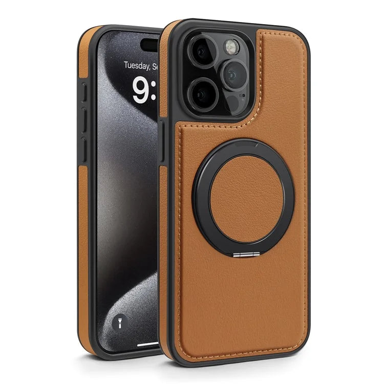 For iPhone 15 Pro Case Rotating Ring Kickstand PC+TPU+PU Phone Cover Compatible with MagSafe