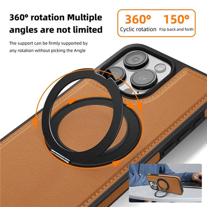 For iPhone 15 Pro Case Rotating Ring Kickstand PC+TPU+PU Phone Cover Compatible with MagSafe