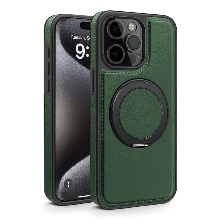 For iPhone 15 Pro Case Rotating Ring Kickstand PC+TPU+PU Phone Cover Compatible with MagSafe