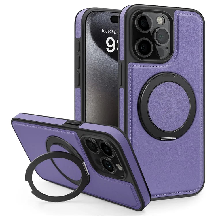 For iPhone 15 Pro Case Rotating Ring Kickstand PC+TPU+PU Phone Cover Compatible with MagSafe
