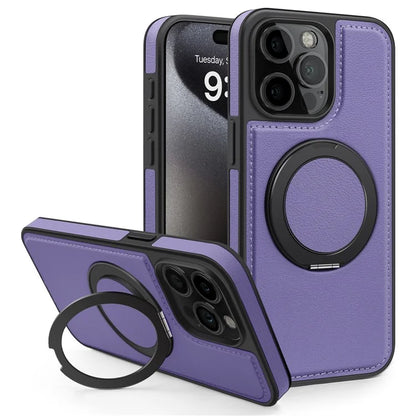 For iPhone 15 Pro Case Rotating Ring Kickstand PC+TPU+PU Phone Cover Compatible with MagSafe