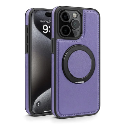 For iPhone 15 Pro Case Rotating Ring Kickstand PC+TPU+PU Phone Cover Compatible with MagSafe