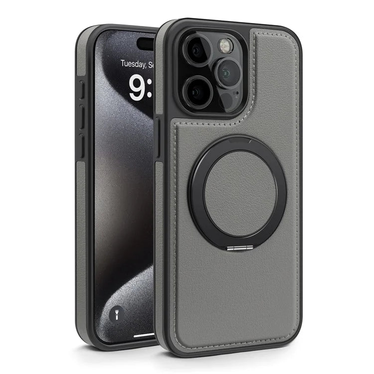 For iPhone 15 Pro Case Rotating Ring Kickstand PC+TPU+PU Phone Cover Compatible with MagSafe