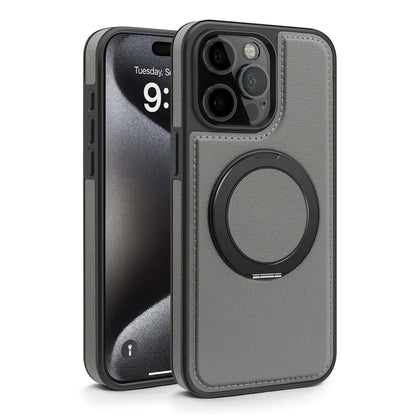 For iPhone 15 Pro Case Rotating Ring Kickstand PC+TPU+PU Phone Cover Compatible with MagSafe