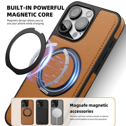 For iPhone 15 Pro Case Rotating Ring Kickstand PC+TPU+PU Phone Cover Compatible with MagSafe