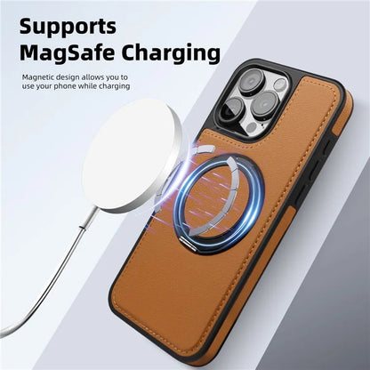 For iPhone 15 Pro Case Rotating Ring Kickstand PC+TPU+PU Phone Cover Compatible with MagSafe