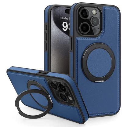 For iPhone 15 Pro Case Rotating Ring Kickstand PC+TPU+PU Phone Cover Compatible with MagSafe