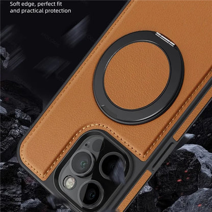 For iPhone 15 Pro Case Rotating Ring Kickstand PC+TPU+PU Phone Cover Compatible with MagSafe