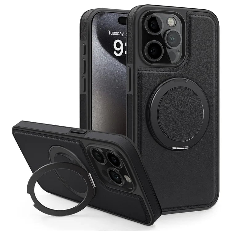 For iPhone 14 Pro Back Cover Rotatable Magnetic Ring Kickstand PU Leather+PC+TPU Phone Case