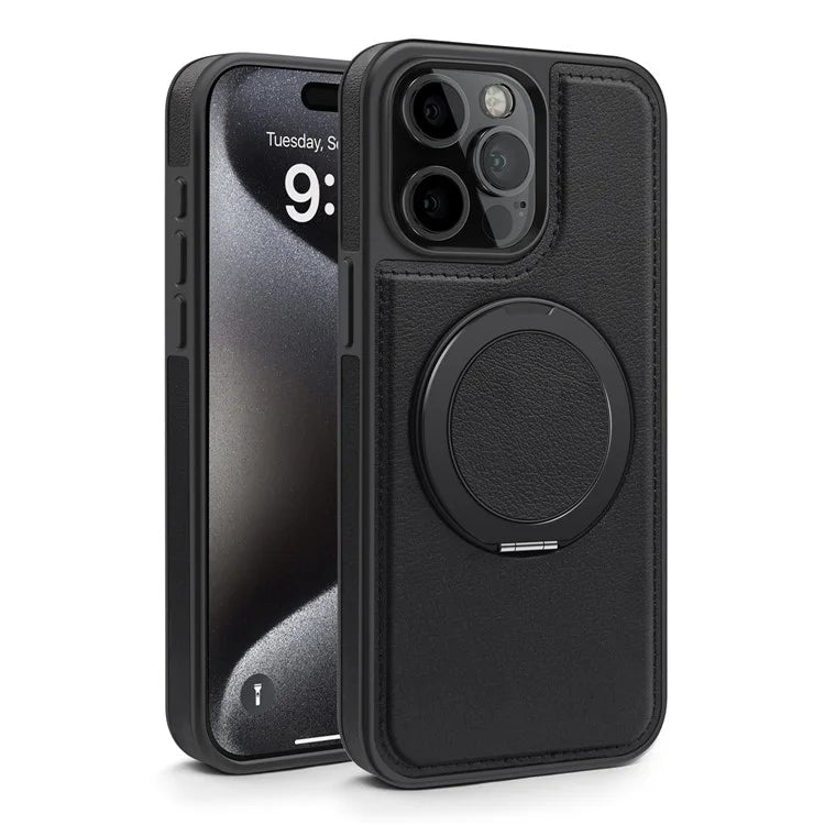 For iPhone 14 Pro Back Cover Rotatable Magnetic Ring Kickstand PU Leather+PC+TPU Phone Case