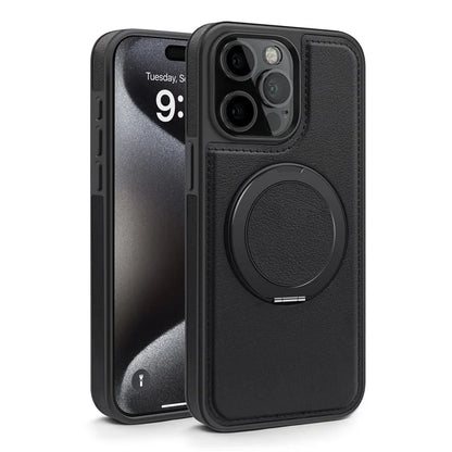 For iPhone 14 Pro Back Cover Rotatable Magnetic Ring Kickstand PU Leather+PC+TPU Phone Case