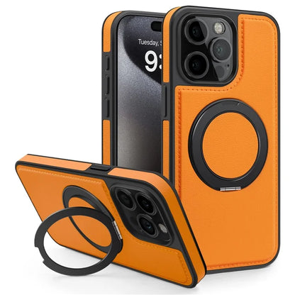 For iPhone 14 Pro Back Cover Rotatable Magnetic Ring Kickstand PU Leather+PC+TPU Phone Case
