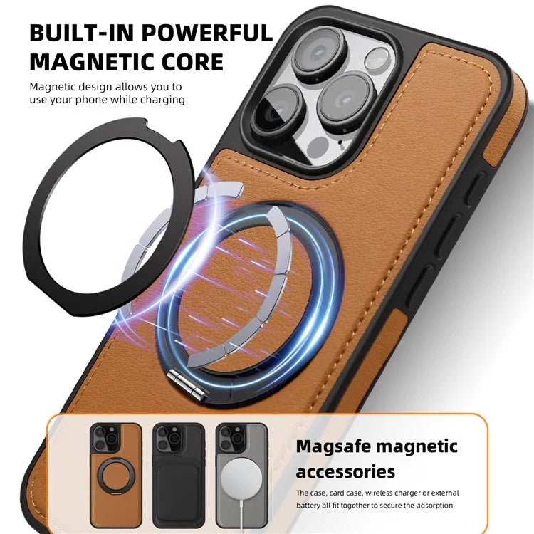 For iPhone 14 Pro Back Cover Rotatable Magnetic Ring Kickstand PU Leather+PC+TPU Phone Case