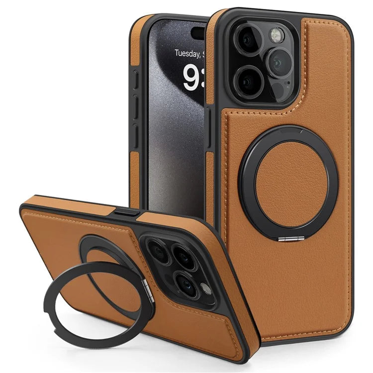 For iPhone 14 Pro Back Cover Rotatable Magnetic Ring Kickstand PU Leather+PC+TPU Phone Case