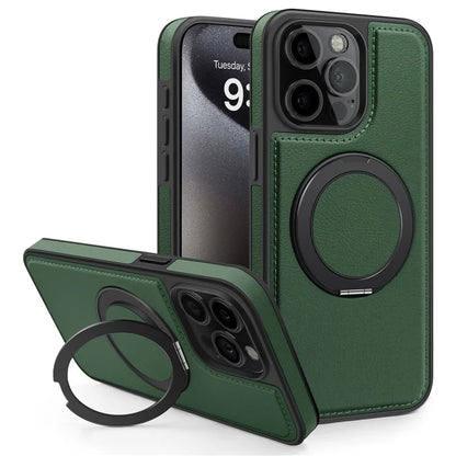 For iPhone 14 Pro Back Cover Rotatable Magnetic Ring Kickstand PU Leather+PC+TPU Phone Case