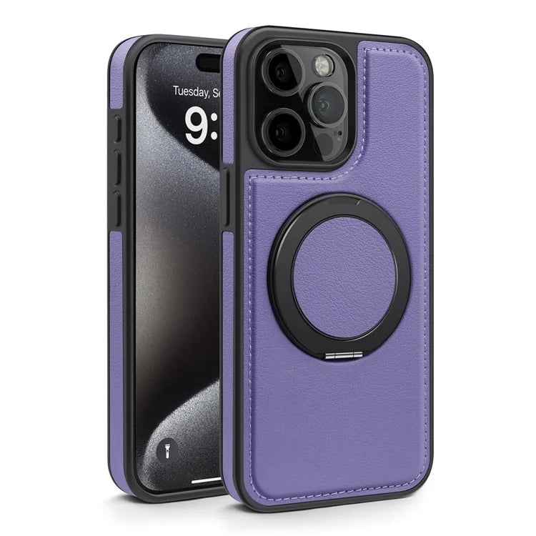 For iPhone 14 Pro Back Cover Rotatable Magnetic Ring Kickstand PU Leather+PC+TPU Phone Case