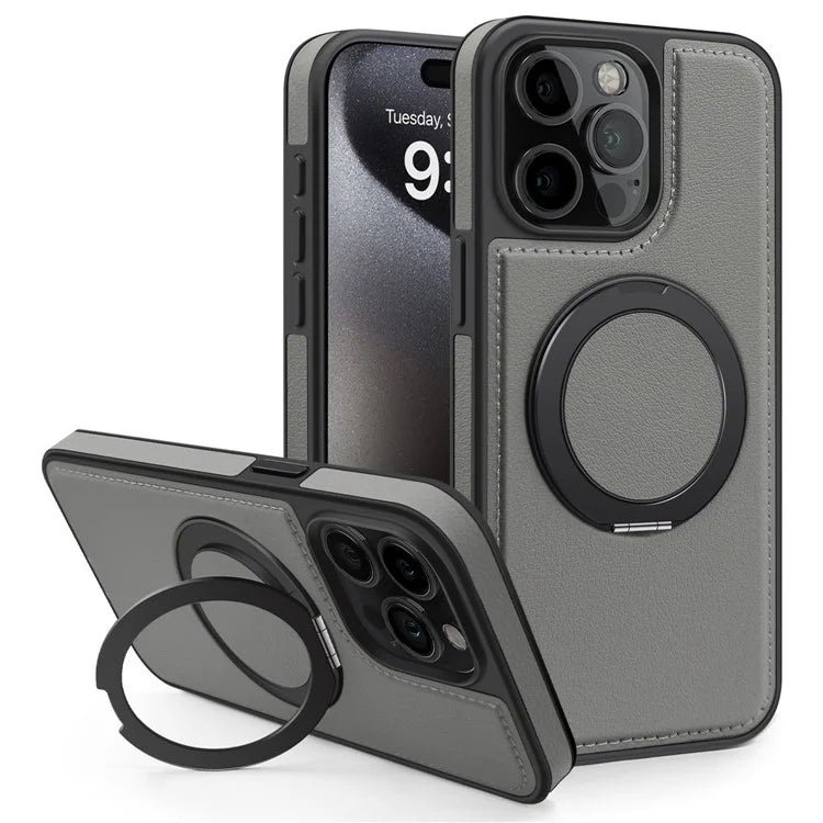 For iPhone 14 Pro Back Cover Rotatable Magnetic Ring Kickstand PU Leather+PC+TPU Phone Case