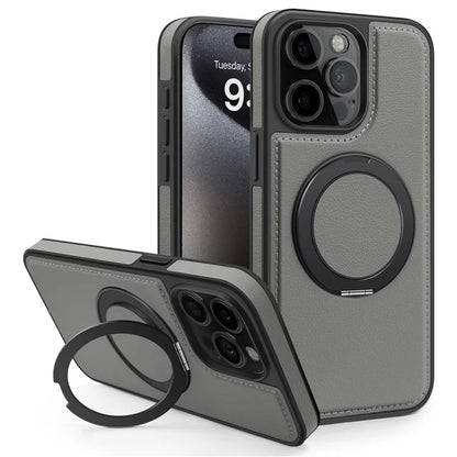 For iPhone 14 Pro Back Cover Rotatable Magnetic Ring Kickstand PU Leather+PC+TPU Phone Case