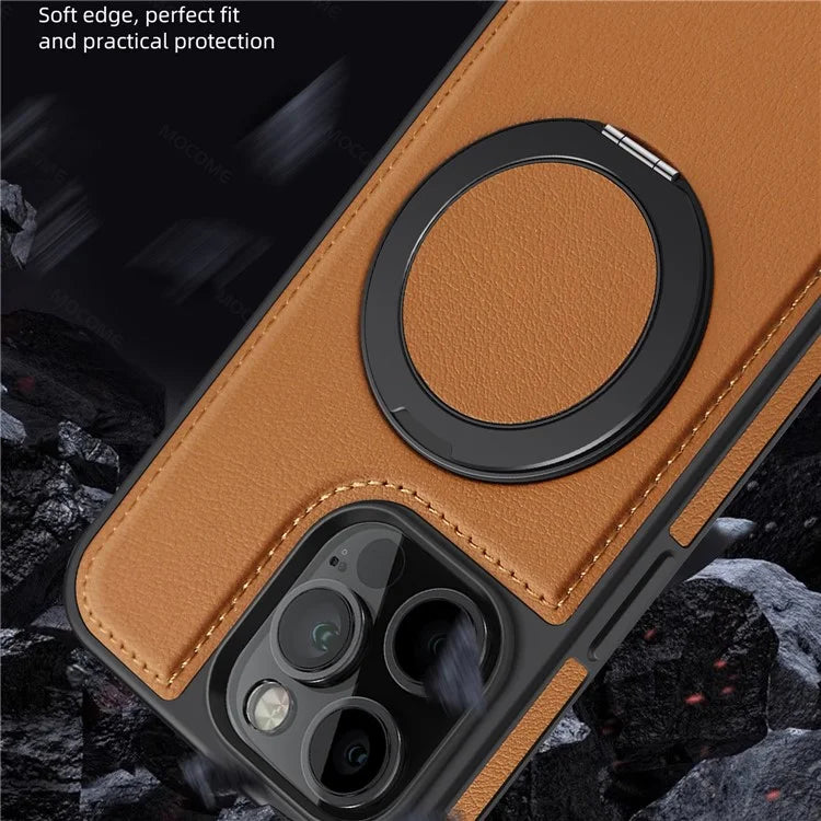 For iPhone 14 Pro Back Cover Rotatable Magnetic Ring Kickstand PU Leather+PC+TPU Phone Case