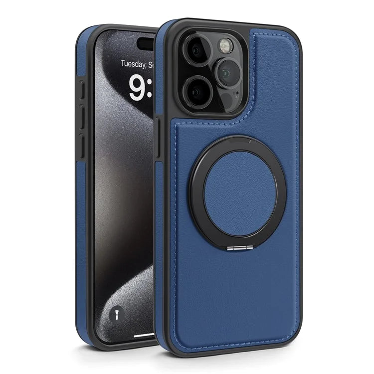 For iPhone 14 Pro Back Cover Rotatable Magnetic Ring Kickstand PU Leather+PC+TPU Phone Case