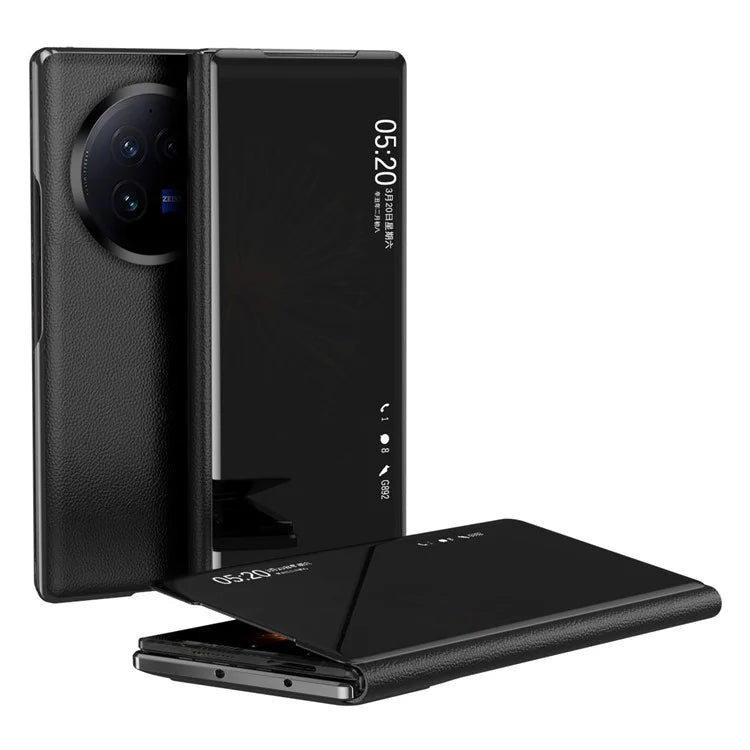 For vivo X Fold3 Leather Case Mirror Surface Electroplating Phone Cover with View Window